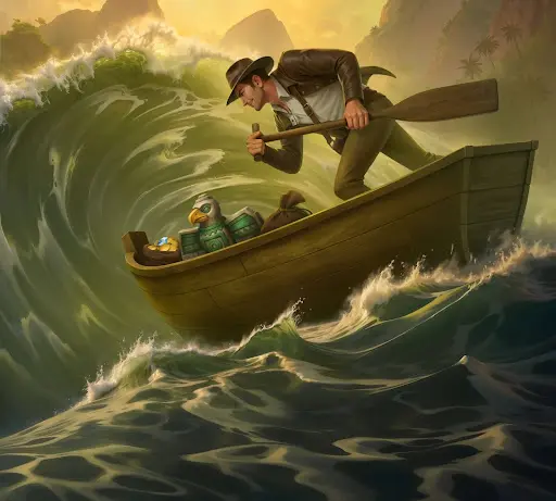 Explorer leaning forward while rowing a wooden boat through a towering ocean wave with collected relics onboard, conveying risk management and controlled advancement associated with sankra bonus mechanics