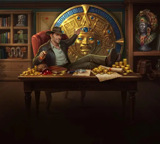 Relaxed explorer sitting behind a desk covered with gold coins, notes, and artifacts in a private study, presenting mastery, planning, and secured outcomes after using sankra casino online