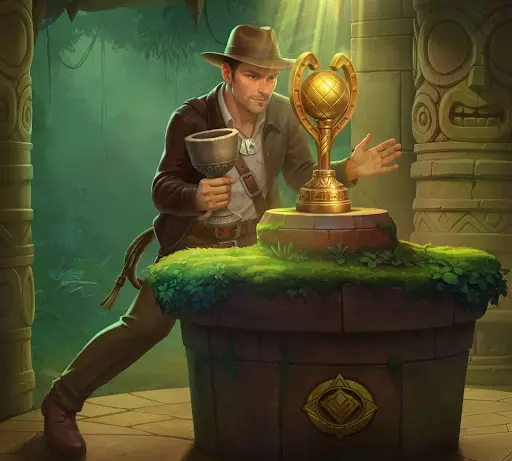 Explorer cautiously interacting with a glowing golden relic on a stone platform inside a jungle ruin, reflecting controlled access to features and rewards after sankra sign in