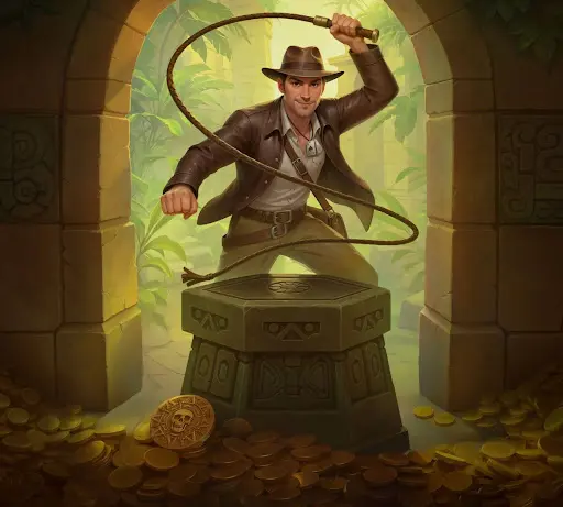 Confident explorer swinging a whip over an ancient stone pedestal surrounded by gold coins inside a jungle temple, illustrating reward discovery and immersive gameplay within the sankra casino online environment